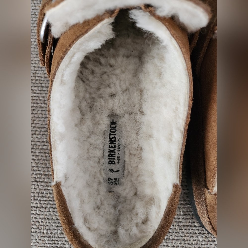 Birkenstock Tan Suede Shearling-Lined Clog Mules with Buckle - Picture 8 of 10